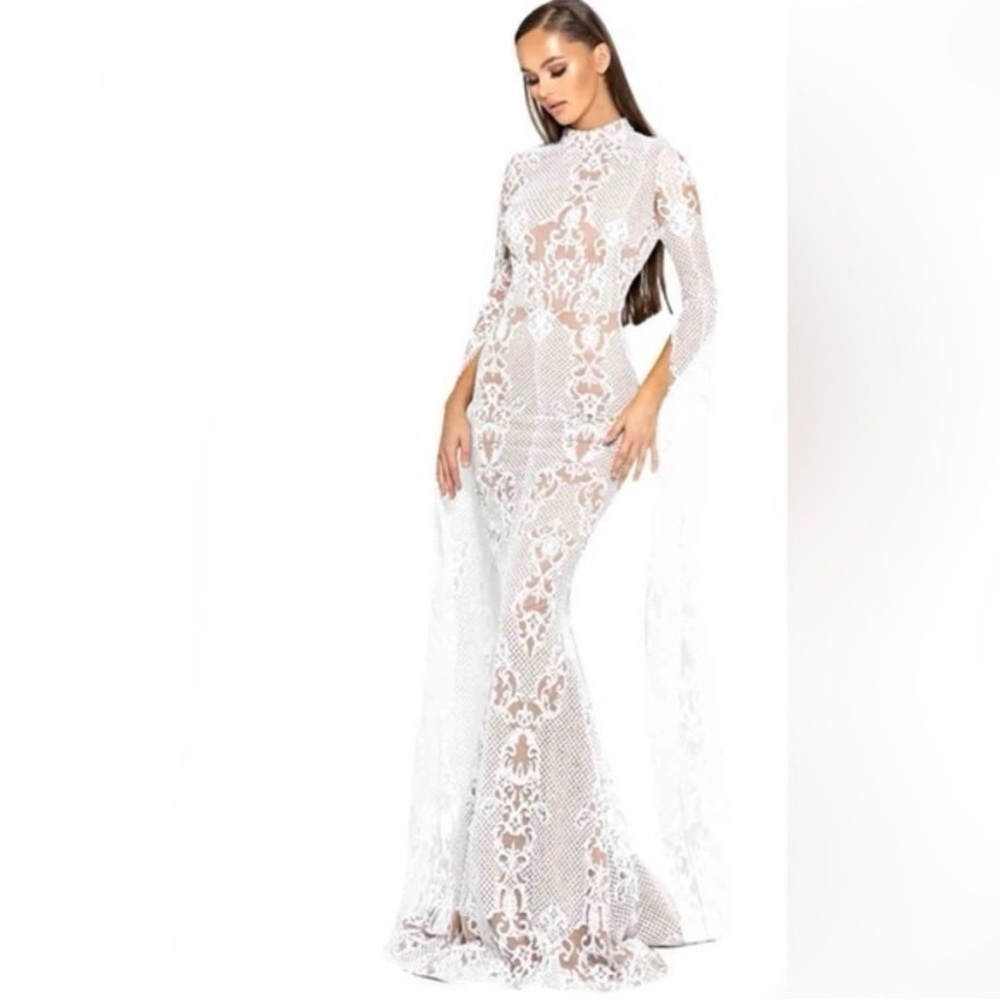 Portia and Scarlett Glitter Lace Mockneck Floor Length Bat Sleeve Evening Dress - Picture 3 of 15